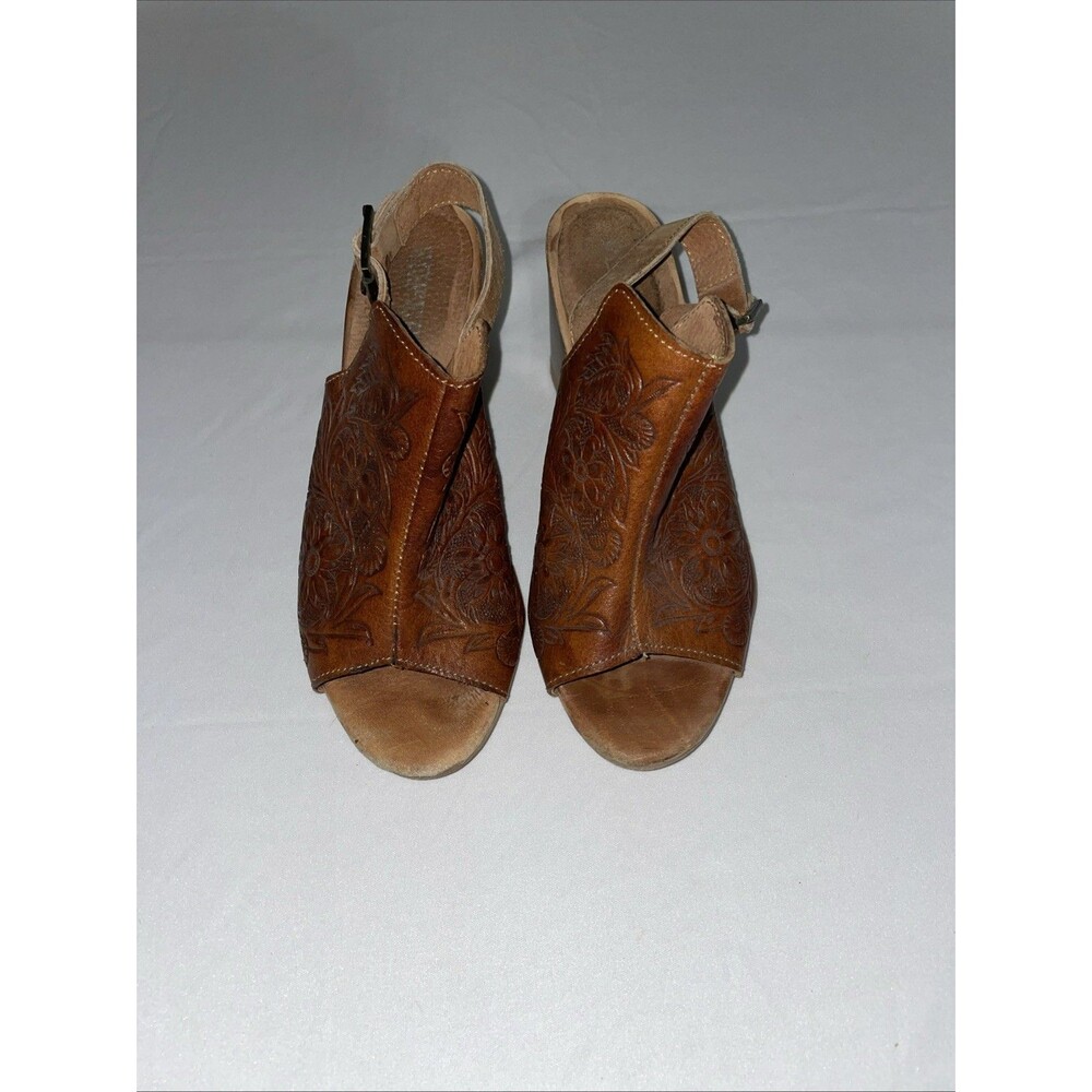 Roper Heels Womens 7 Brown Tooled Leather Peep Toe Slingback Western Block Y2K